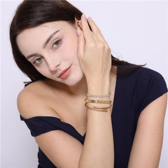 18 K Gold Plated Love Bangle Bracelet Set Flexible Wide Wristband Bangle - Picture 5 of 7